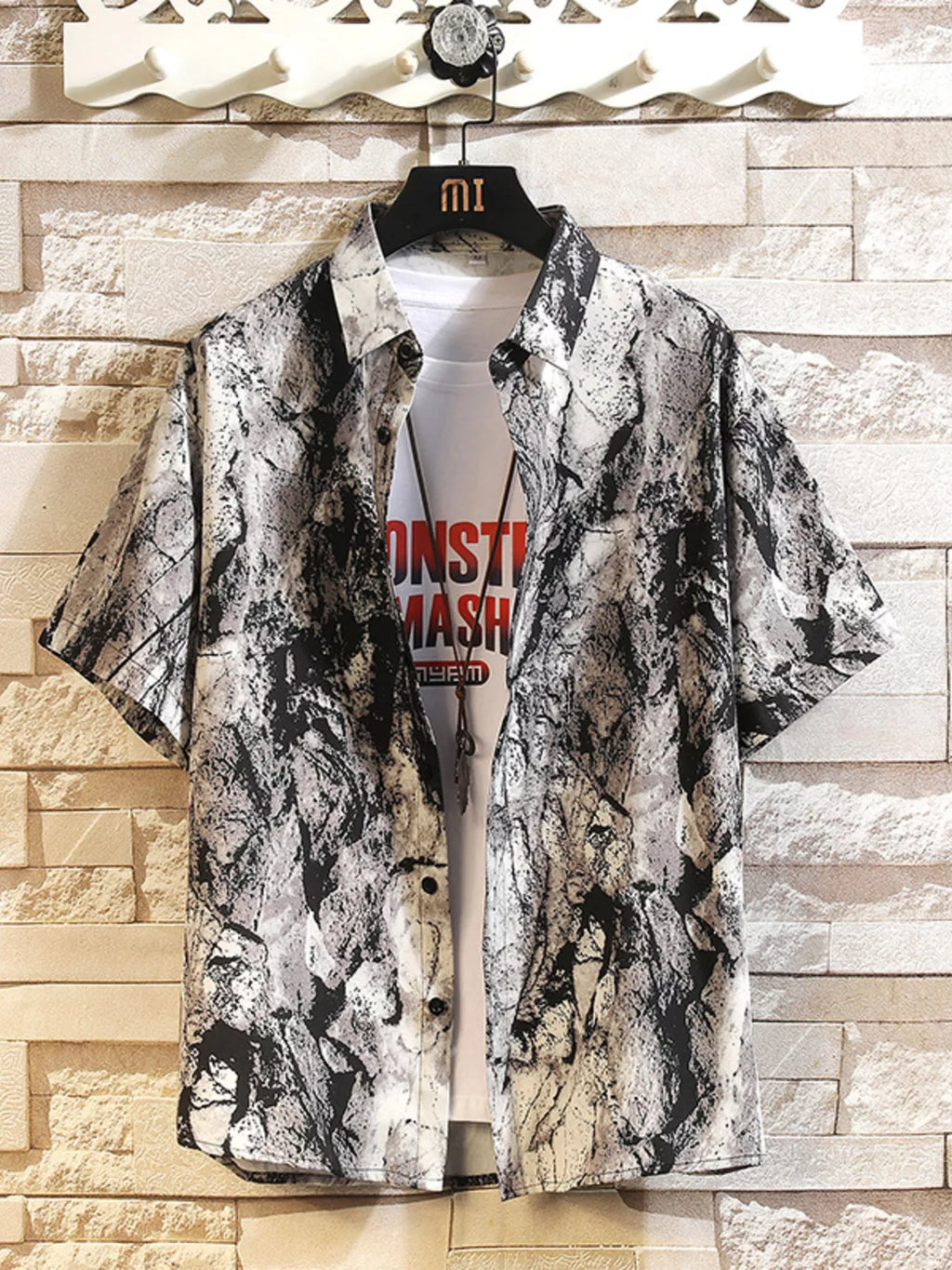 Men's Printed Button Up Shirt and Shorts Set