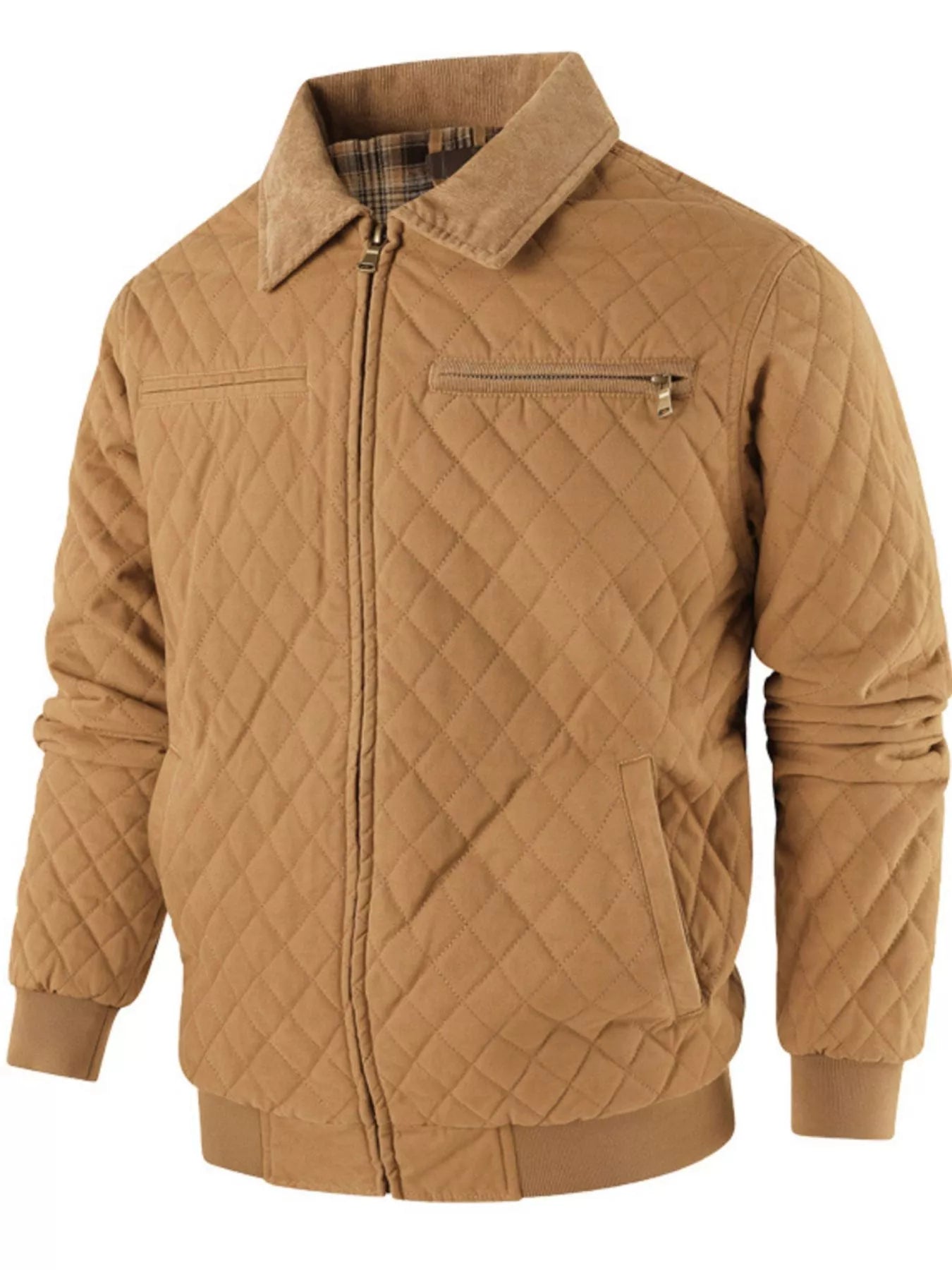 Men's Quilted Collared Neck Jacket with Plaid Lining