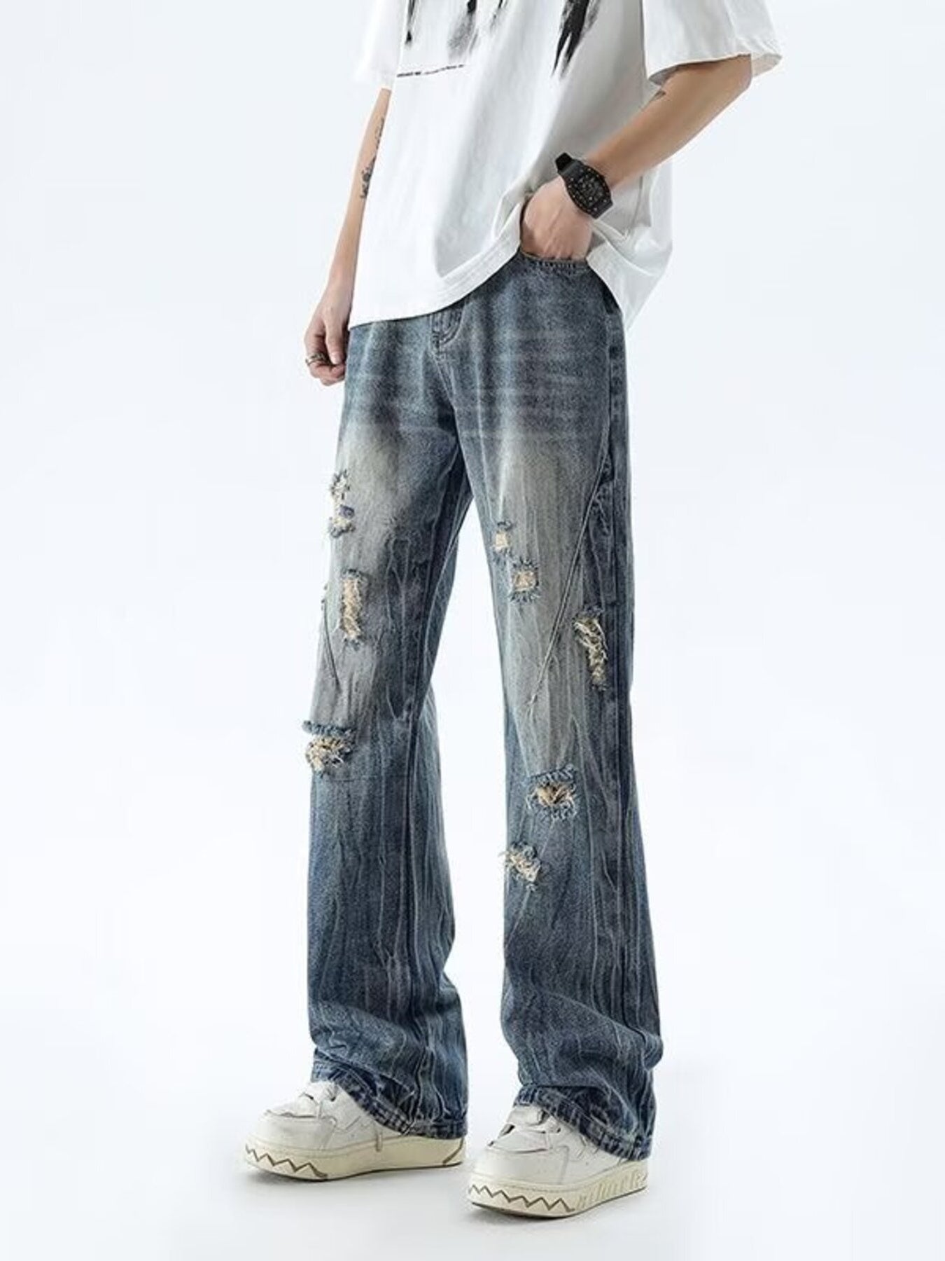 Men's Full Size Distressed Wide Leg Jeans Plus Size