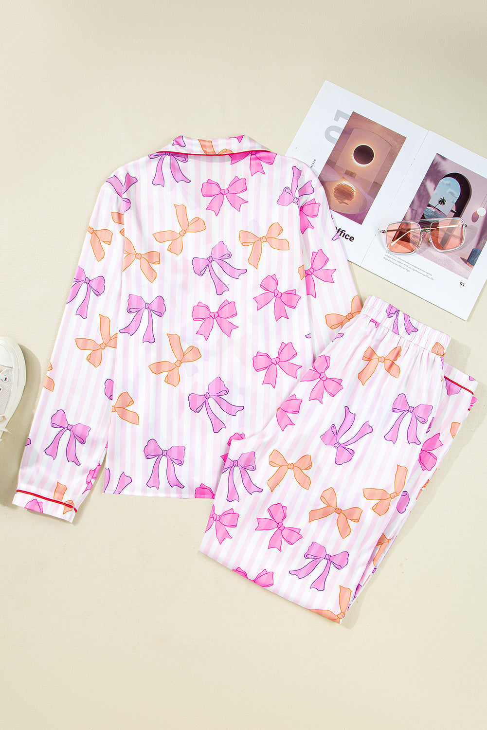 Pink Striped Bow Print Contrast Piping Trim Shirt and Pants 2pcs Pajama Set