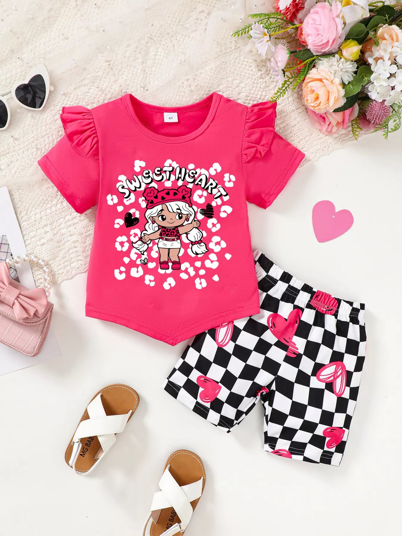 Children's Ruffled Short Sleeve Tee and Checkerboard Shorts Set