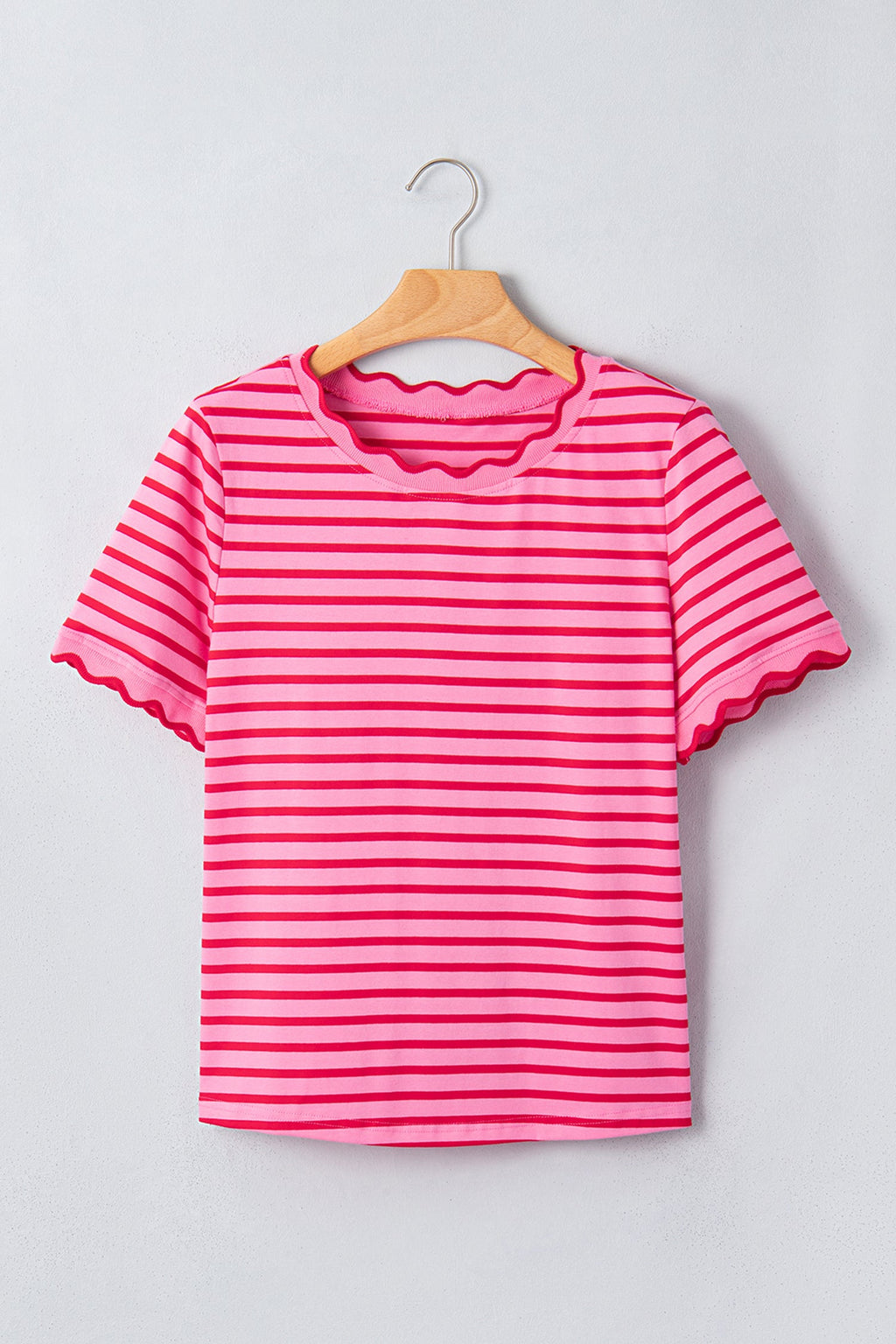 Pink Stripe Scalloped Trim Round Neck T Shirt