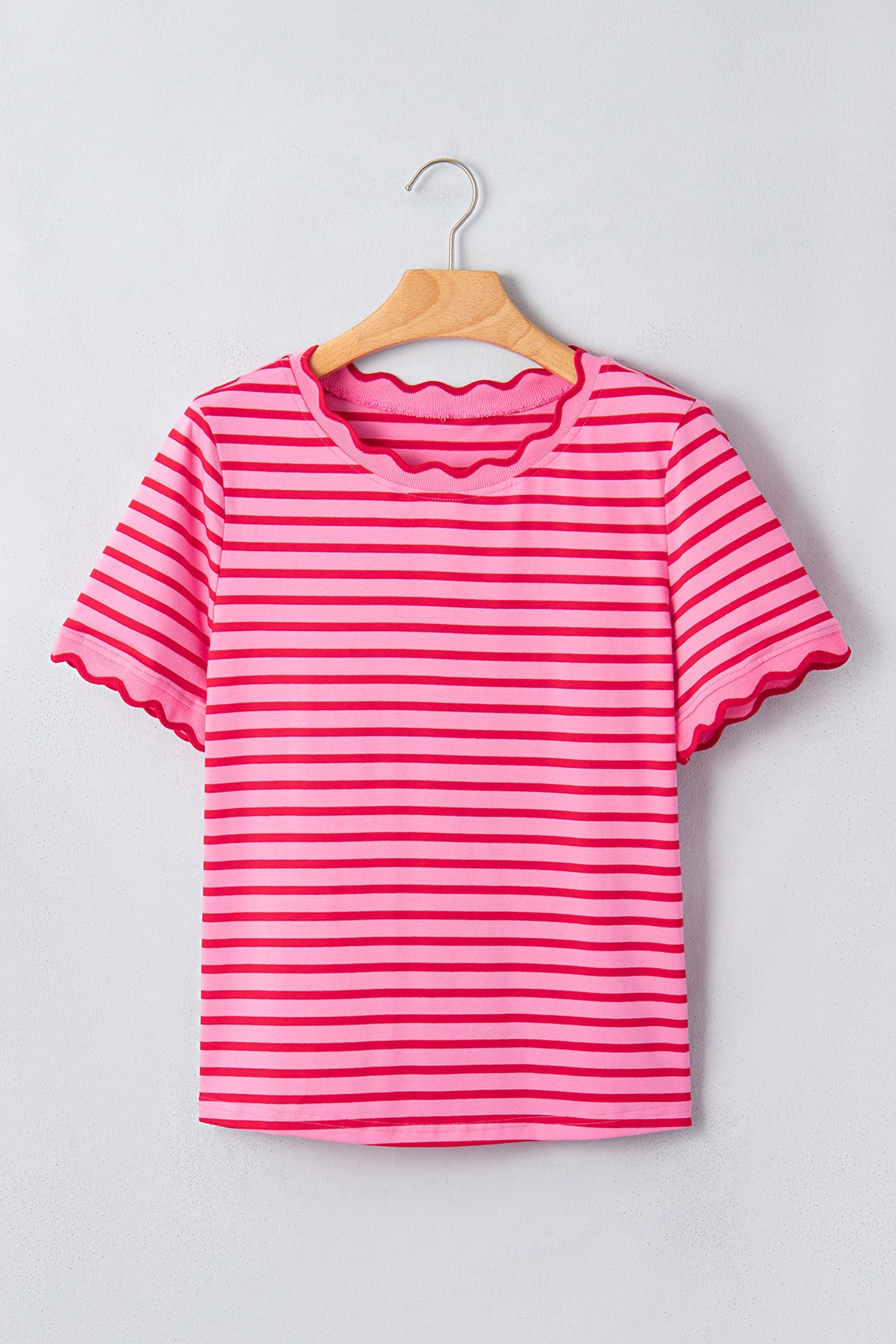 Pink Stripe Scalloped Trim Round Neck T Shirt