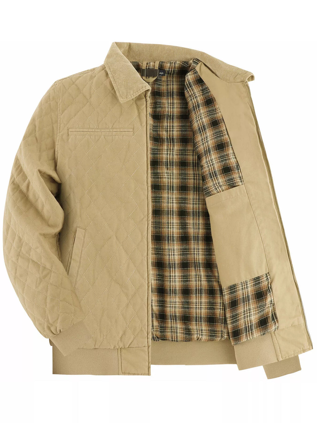Men's Quilted Collared Neck Jacket with Plaid Lining