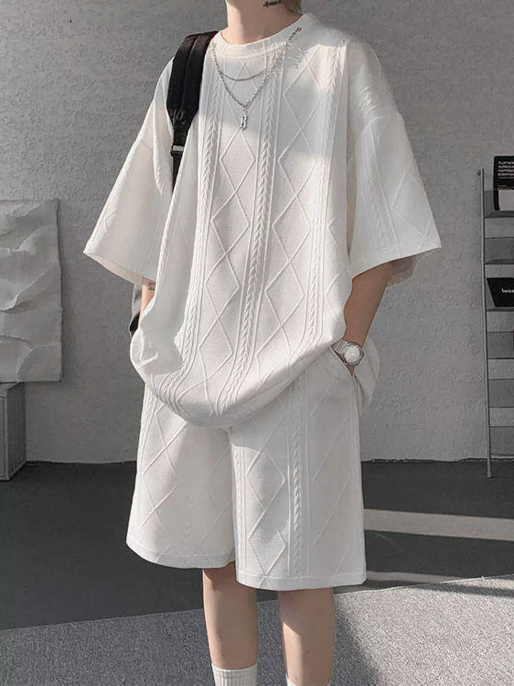 Men's Plus Size Textured Relaxed Fit Top and Shorts Set