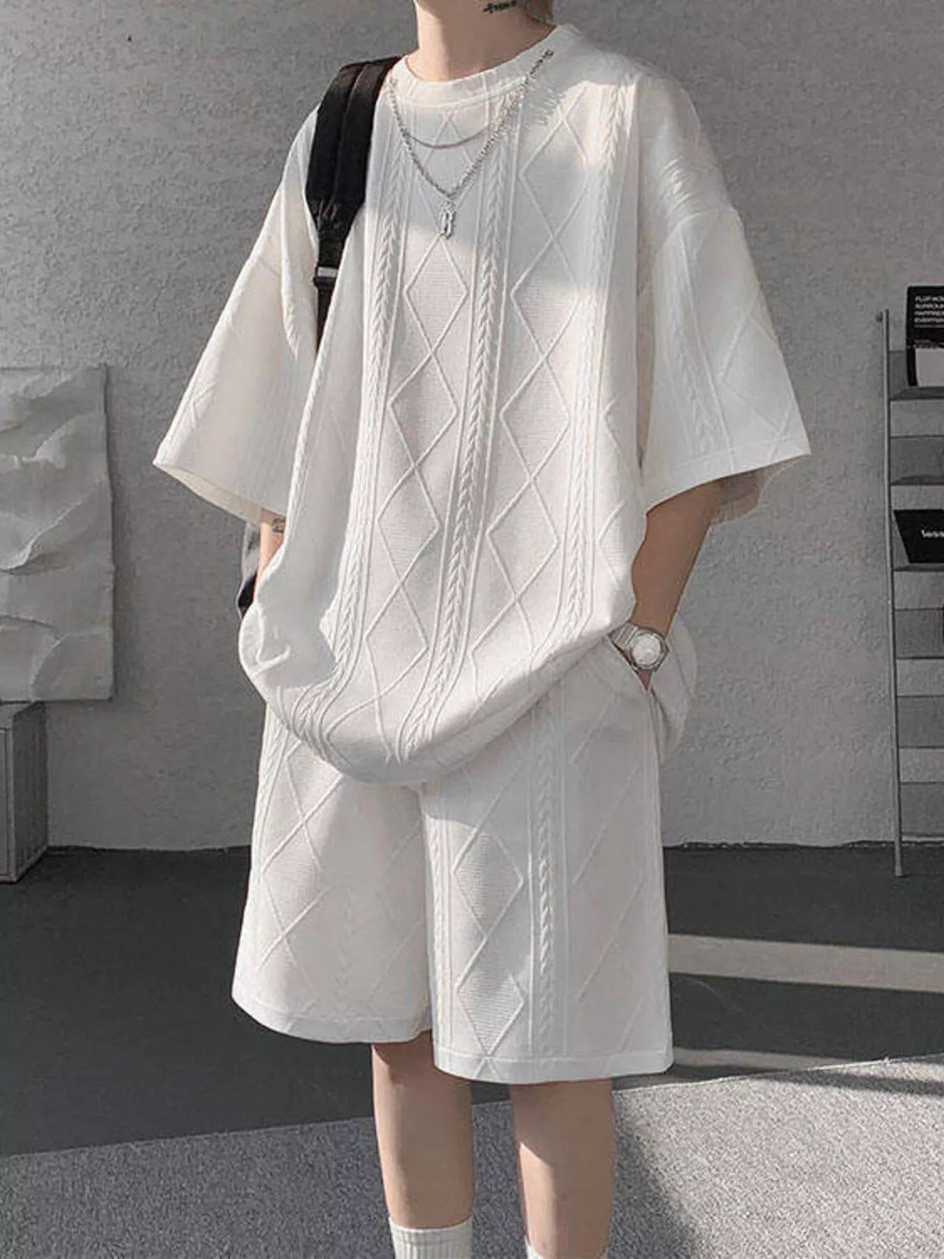 Men's Plus Size Textured Relaxed Fit Top and Shorts Set