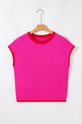 Rose Red Contrast Trim Round Neck Short Sleeve Loose Knit Sweater