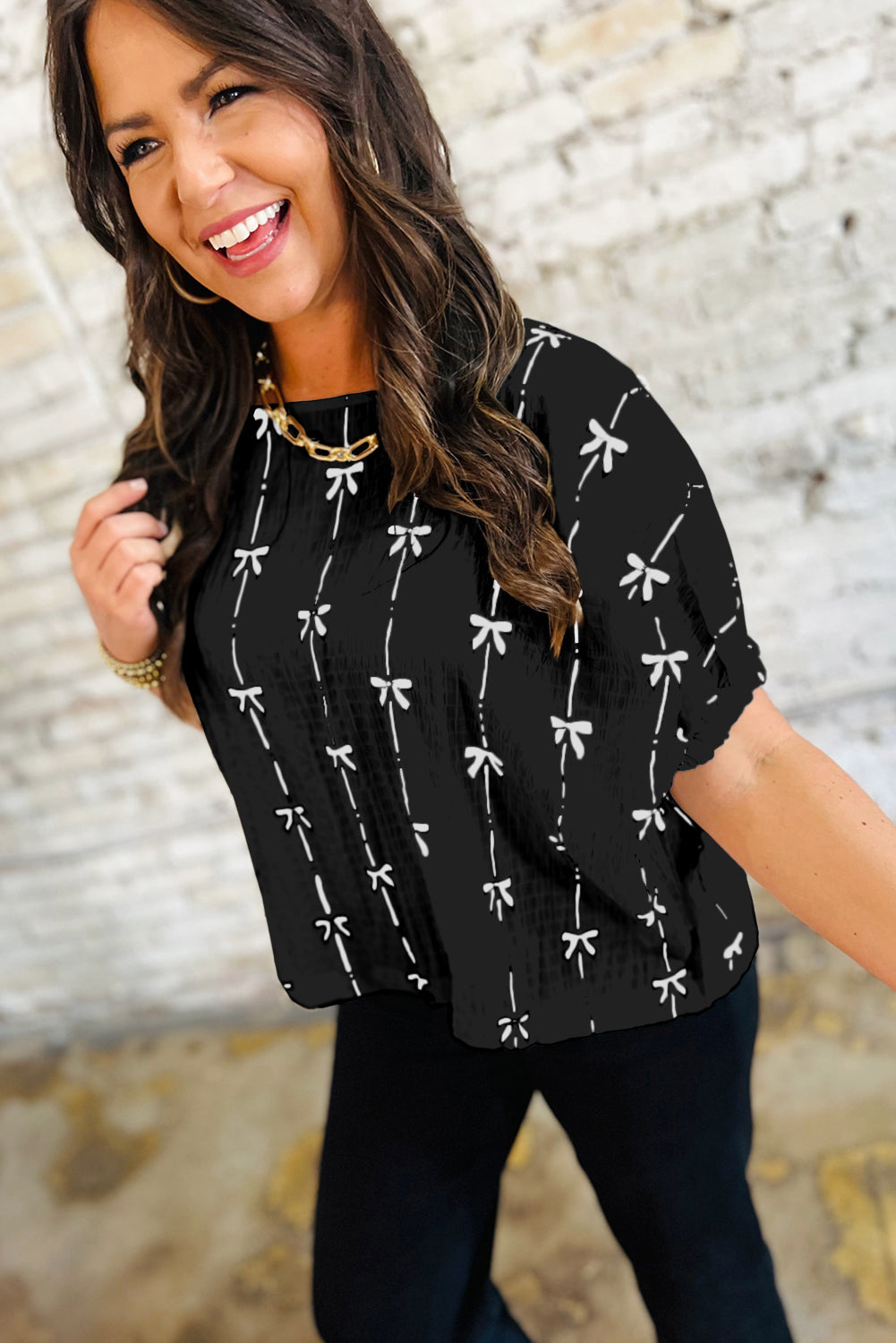 Beige Bow Print Striped Puff Short Sleeve Blouse