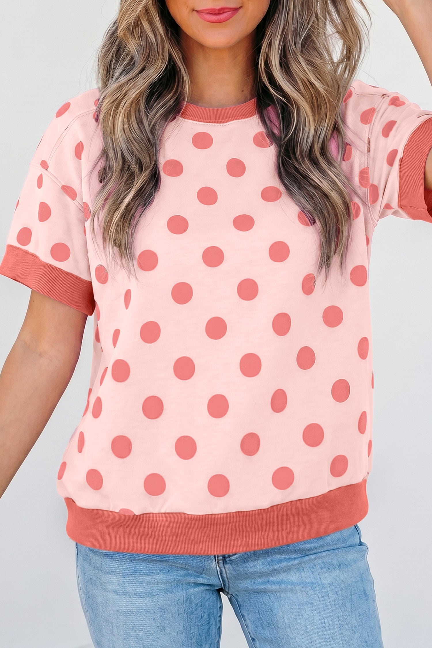 Pink Color Block Trim Polka Dot Casual Tee