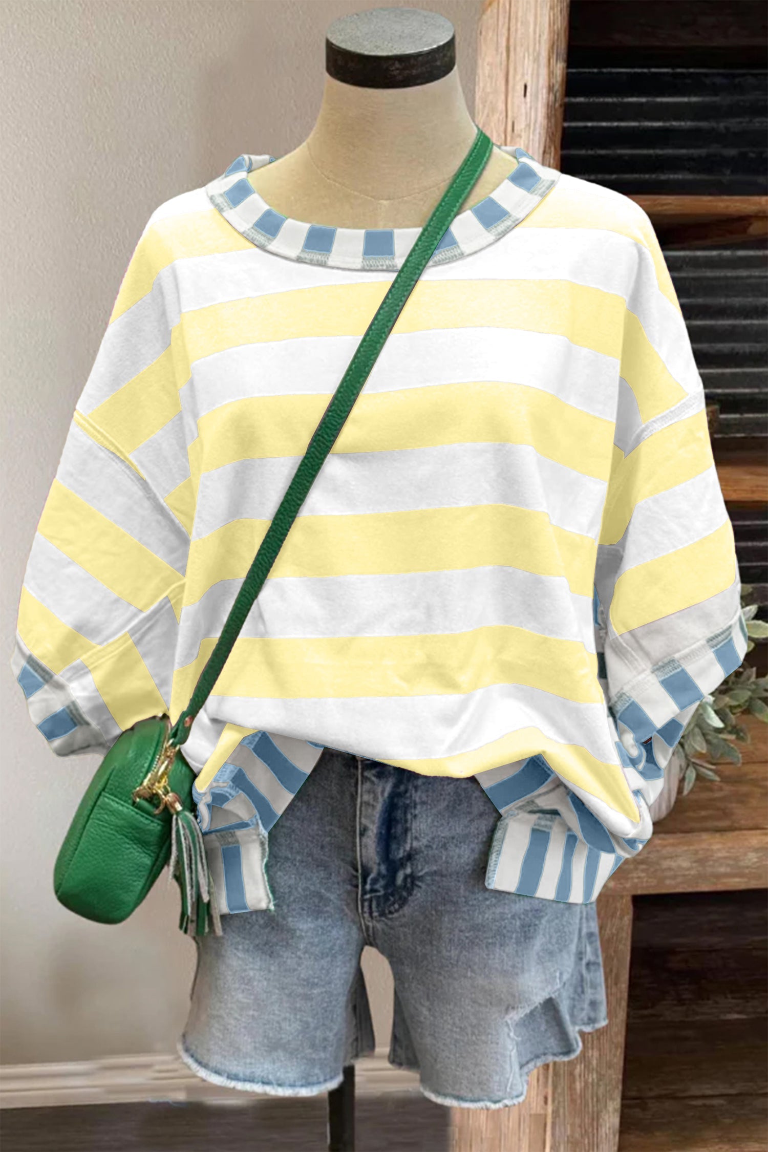 Yellow Stripe Exposed Seam Contrast Patchwork Oversized Top