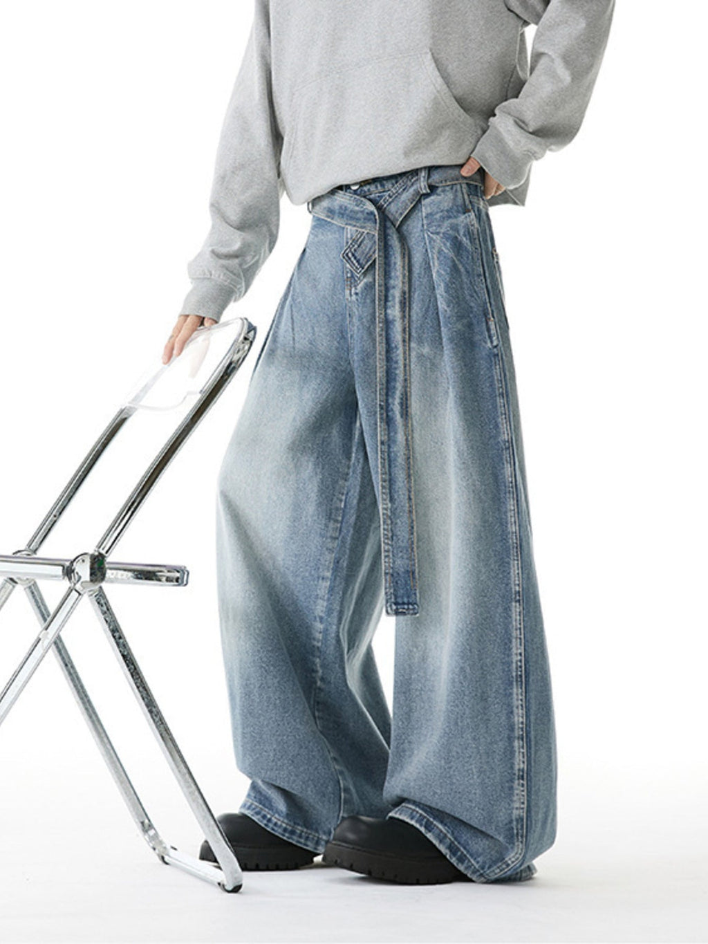 Men's Full Size Wash Belted Wide Leg Jeans Plus Size
