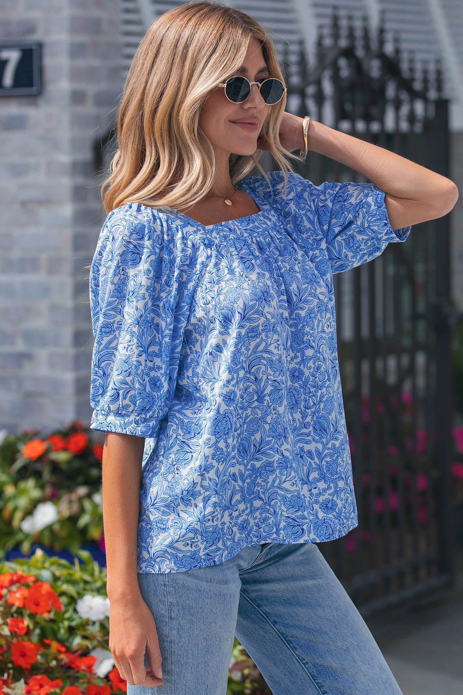 Sky Blue Square Neck Short Puff Sleeve Pleated Floral Blouse