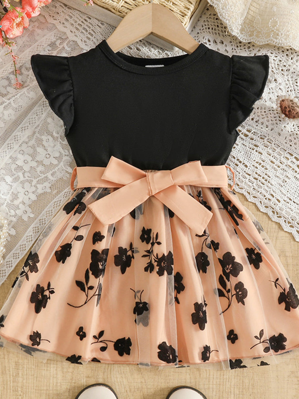 Children's Floral Print Mesh Bowknot Toddler Dress