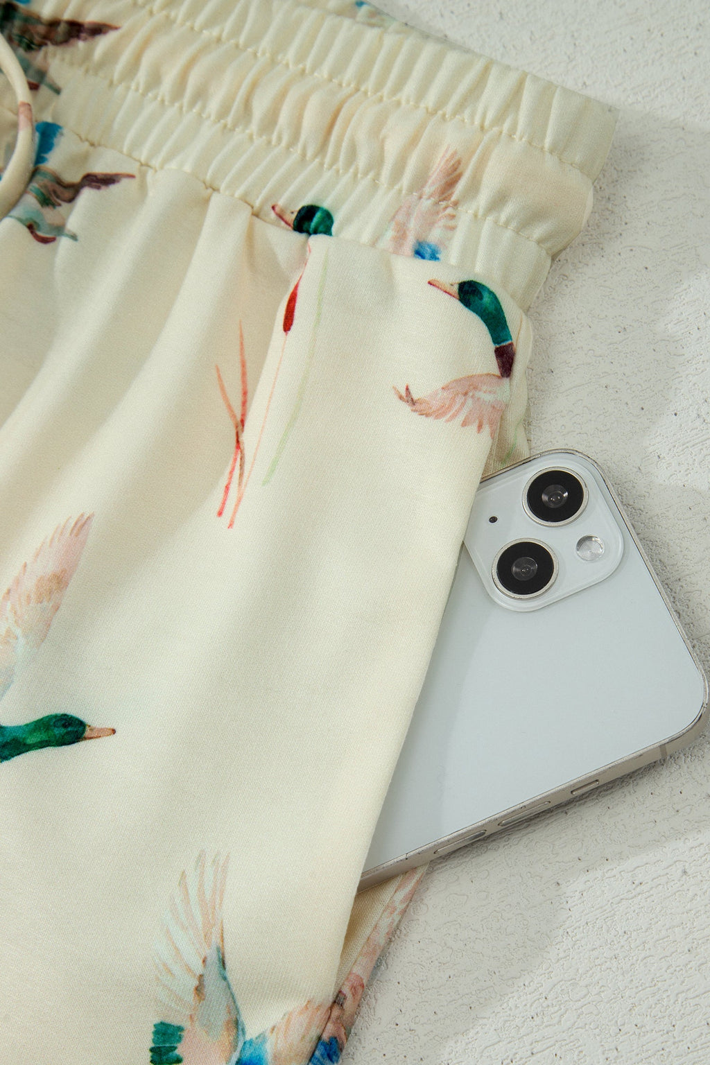 Beige Mallard Duck Print Oversized Tee Drawstring Short Set