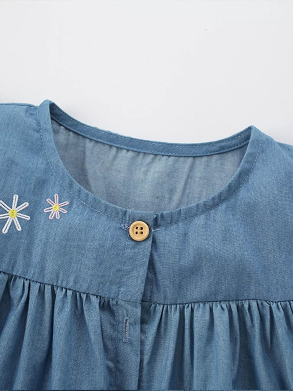 Children's Cute Embroidered Button-Front Denim Dress