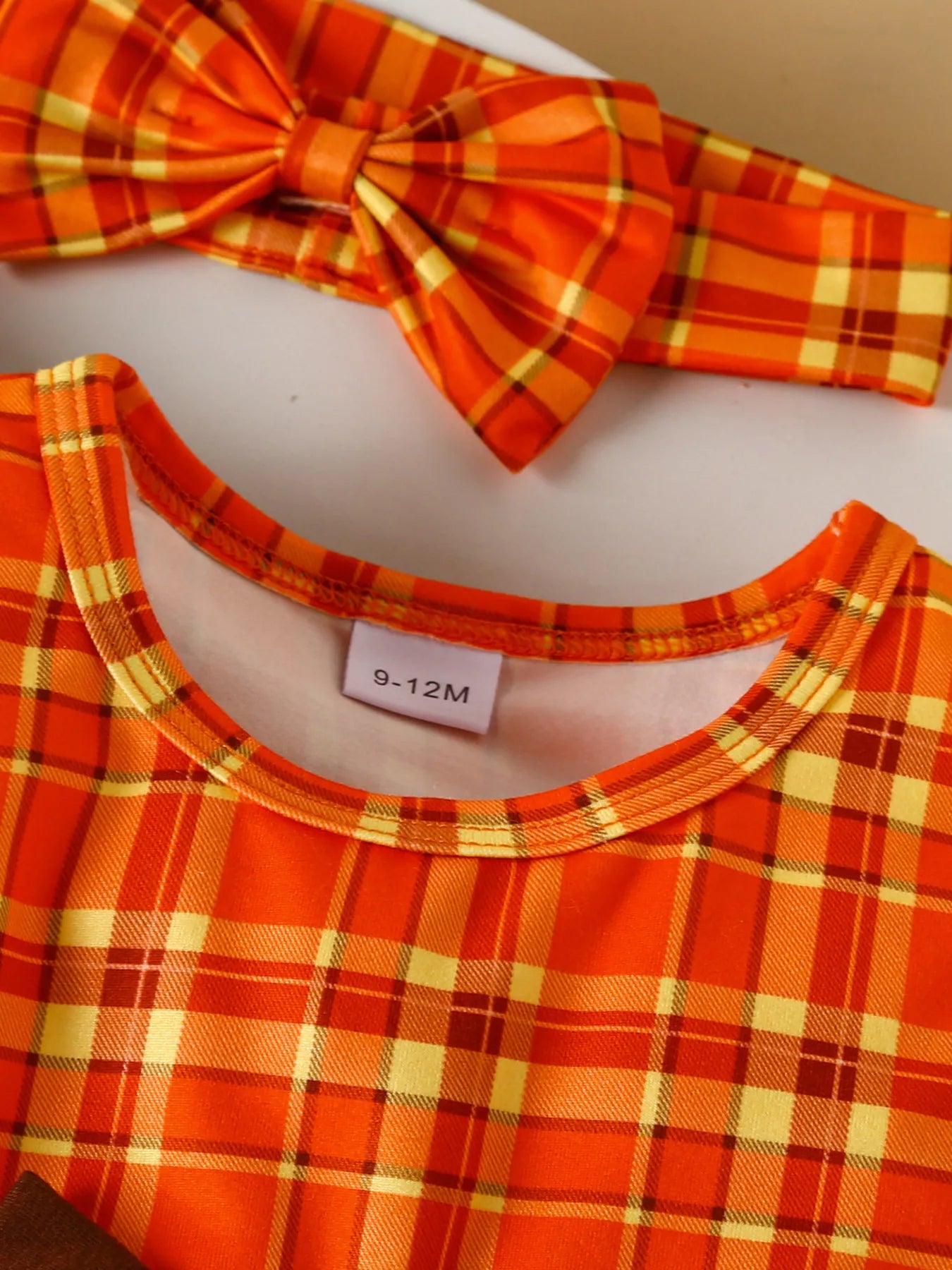 Children's Plaid Turkey Embroidered Bowknot Dress 3 Piece Set