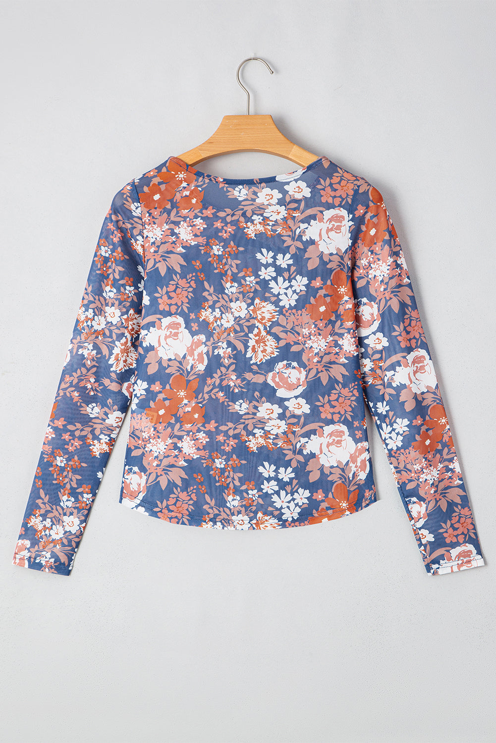 Green Floral Print Mesh Long Sleeve Top