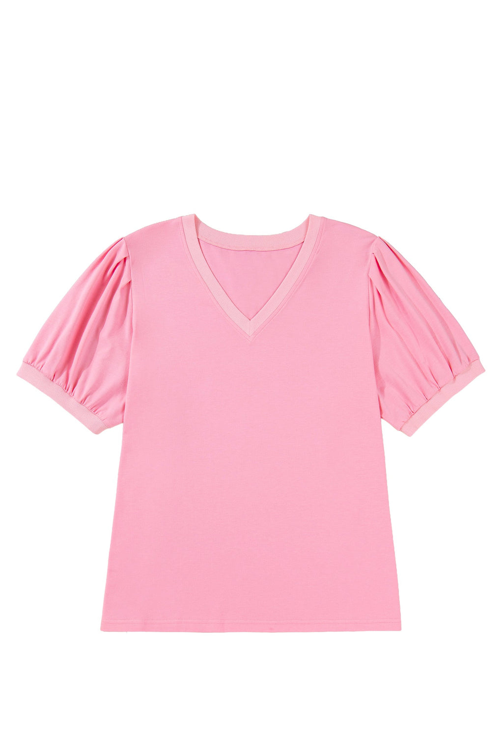 Bonbon V Neck Pleated Short Puff Sleeve Plus Size Blouse