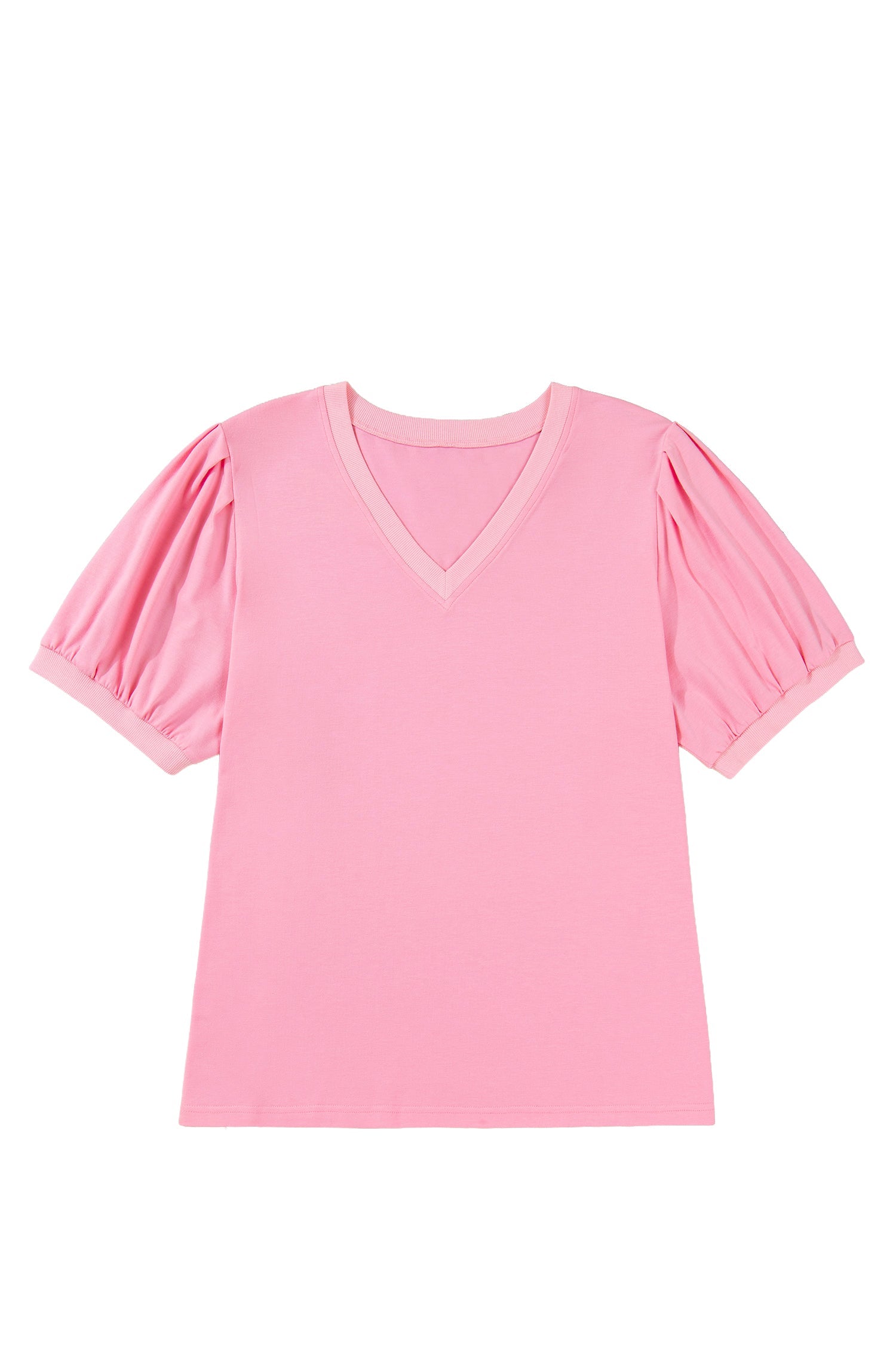 Bonbon V Neck Pleated Short Puff Sleeve Plus Size Blouse