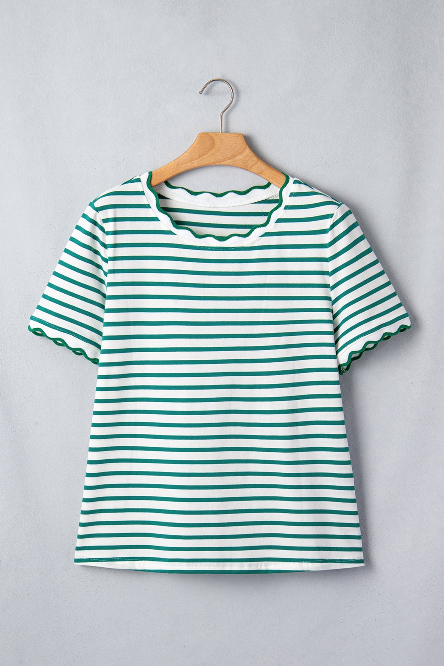 Green Stripe Scalloped Trim Round Neck T Shirt