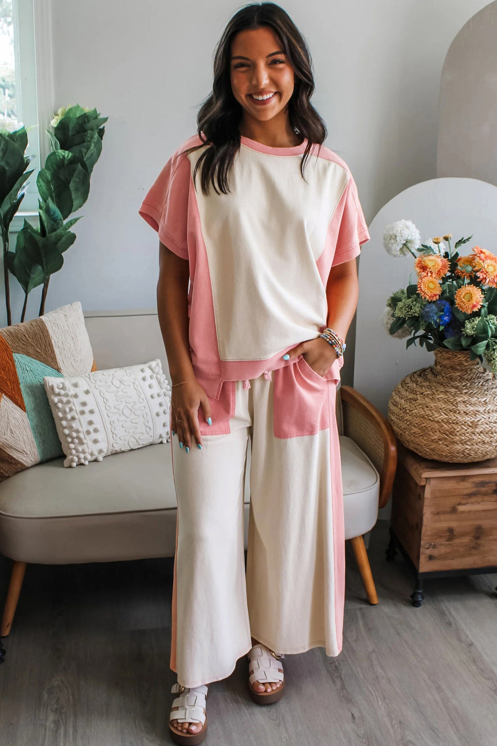 White Two-tone Color Block Patchwork Tee Drawstring Loose Pant Set