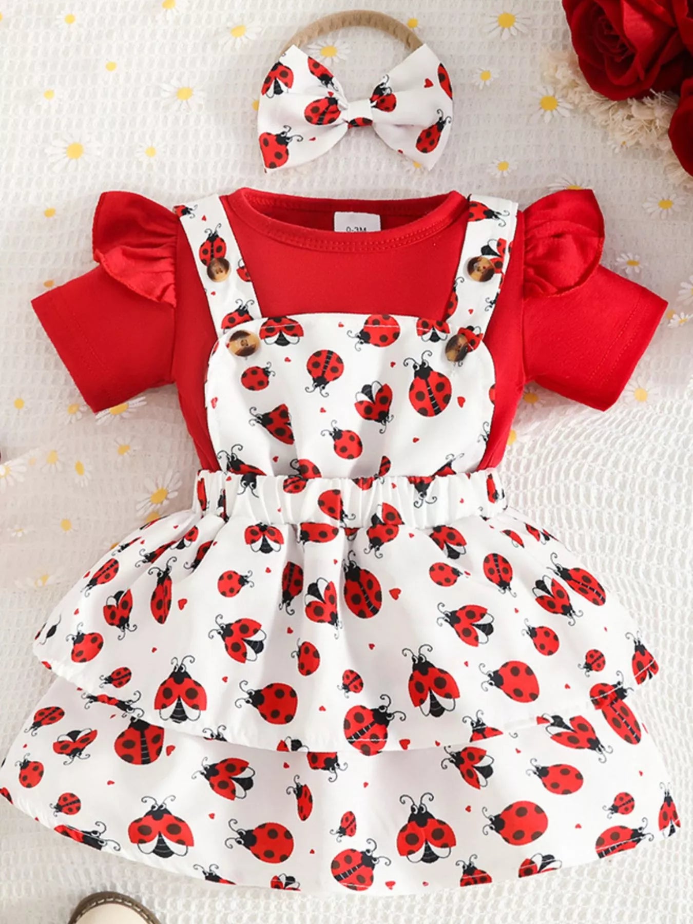Children's Ladybug Print Ruffle Sleeve Baby Set with Headband