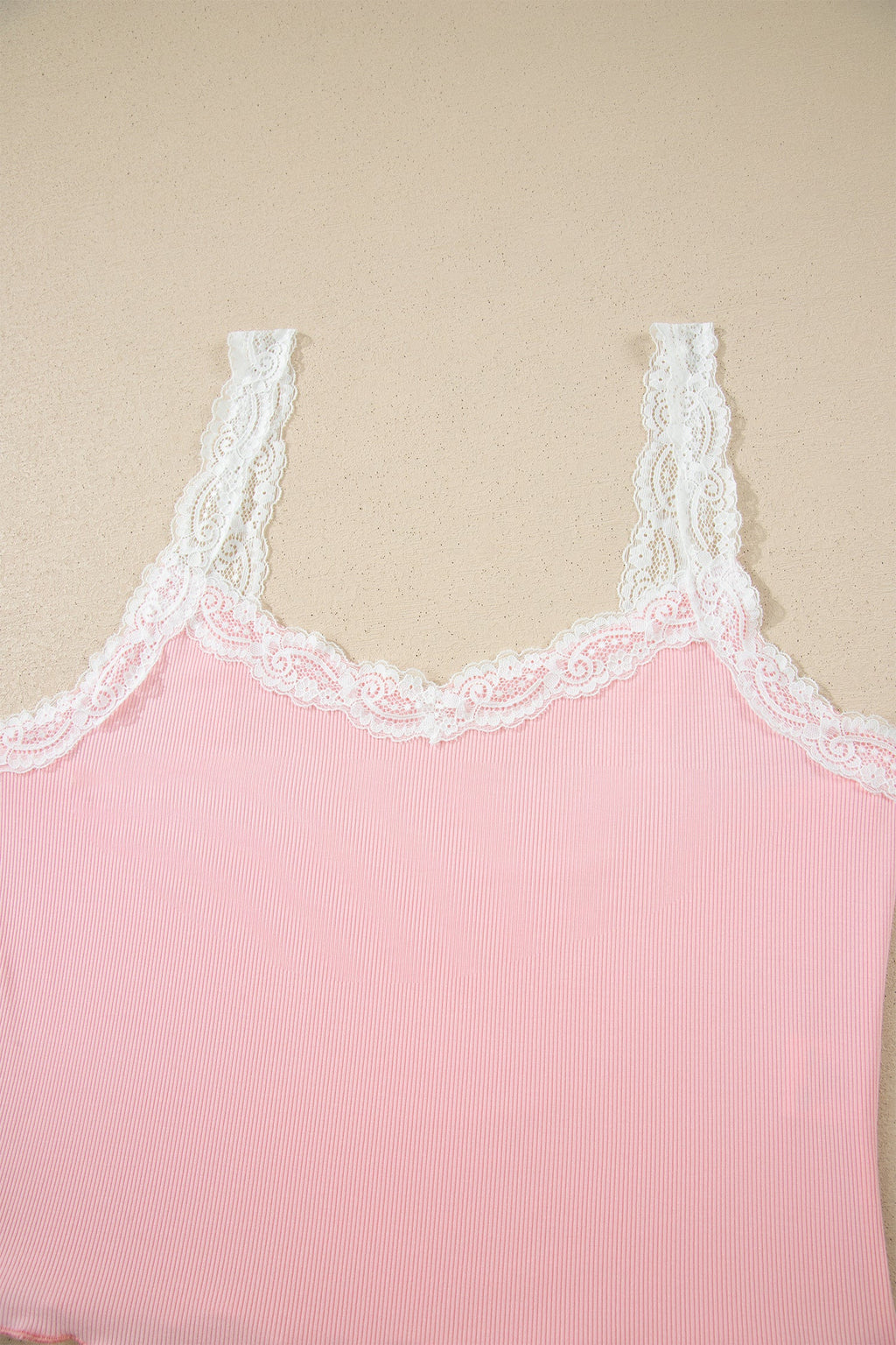 Pink Ribbed Knit Lace Straps Patchwork Lettuce Hem Cropped Top Floral Short Lounge Set