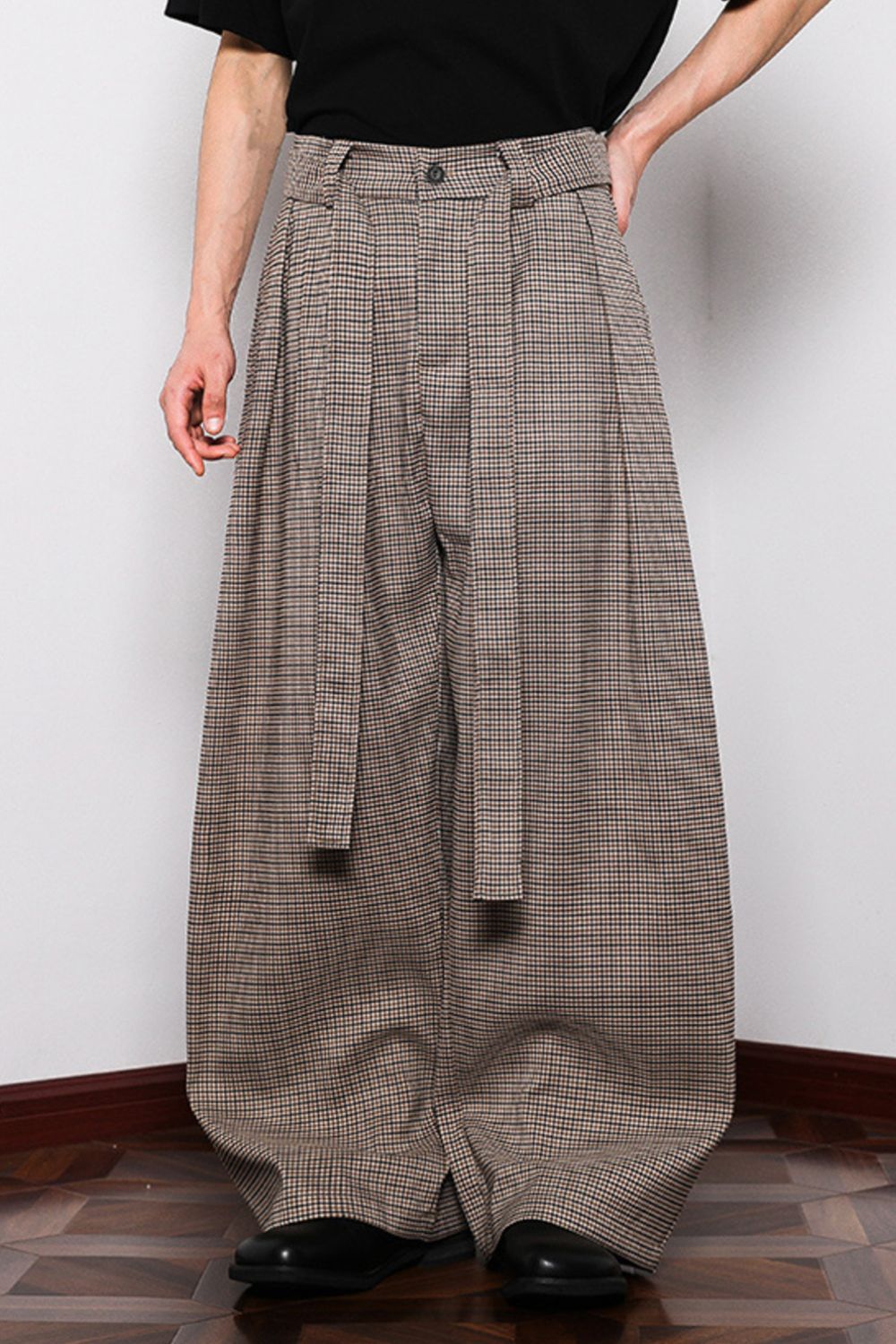 Men's Plus Size Wide Leg Plaid Tied Pants