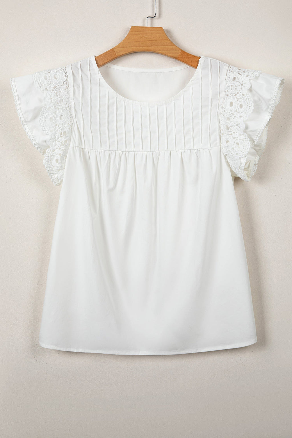 White Lace Detail Flutter Sleeve Pleated Round Neck Blouse