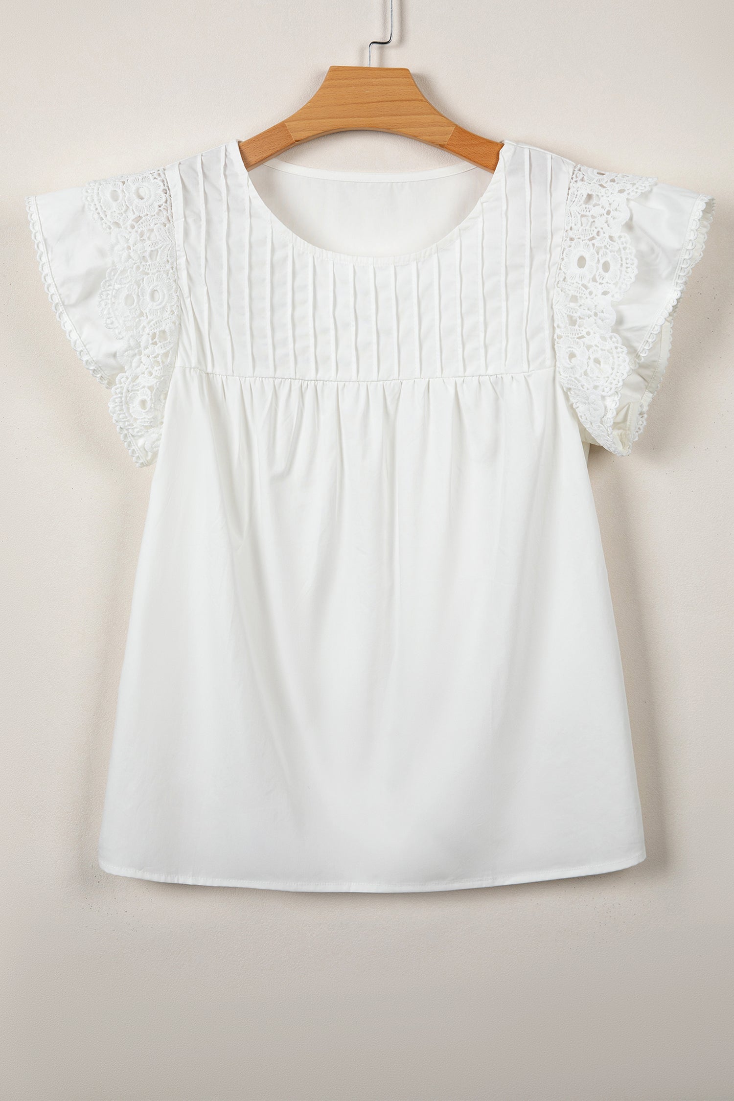 White Lace Detail Flutter Sleeve Pleated Round Neck Blouse