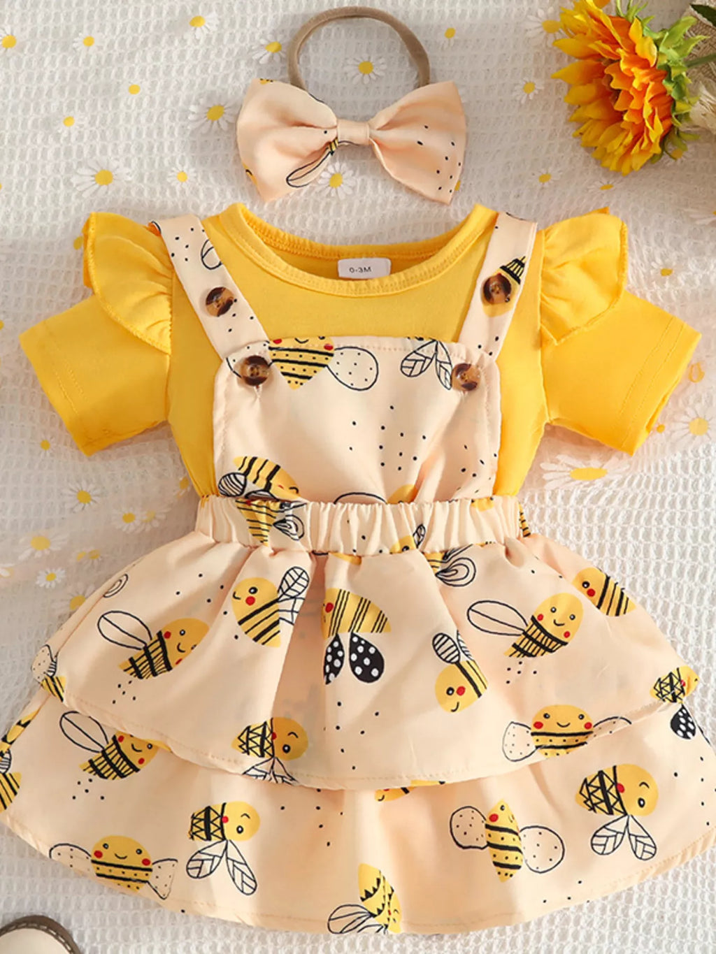 Children's Ruffle Trim Bodysuit and Bee Print Dress Set with Headband