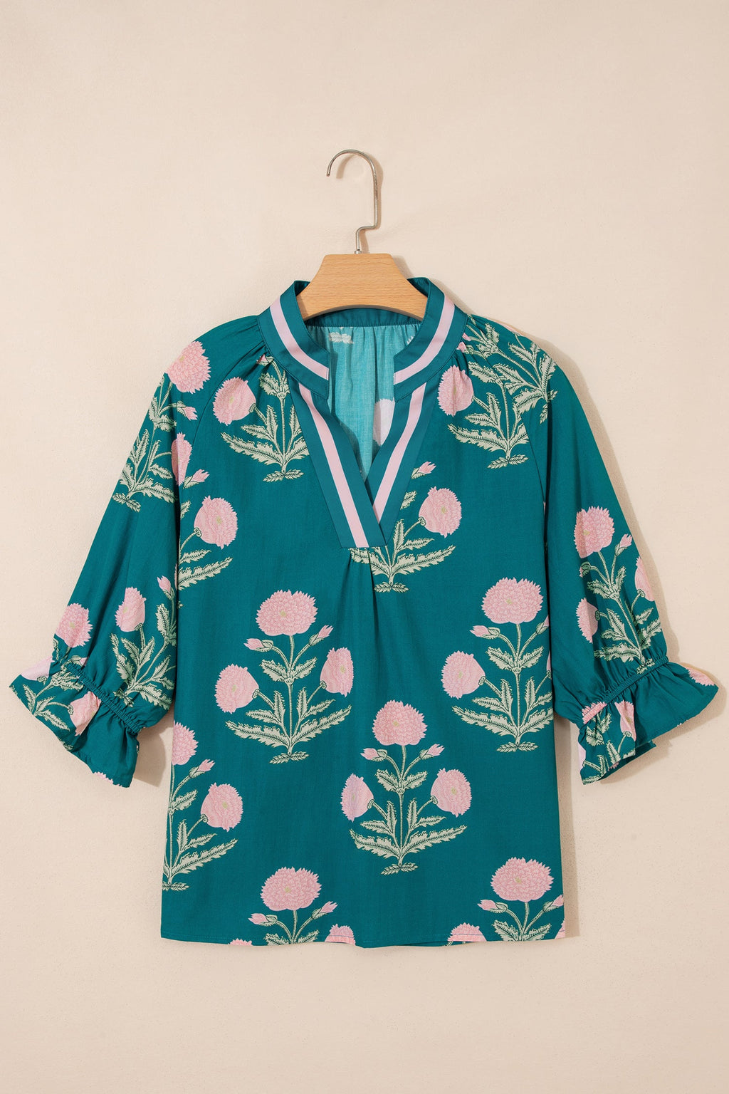 Green Casual Wild Flower Print V Neck 3/4 Sleeve Blouse