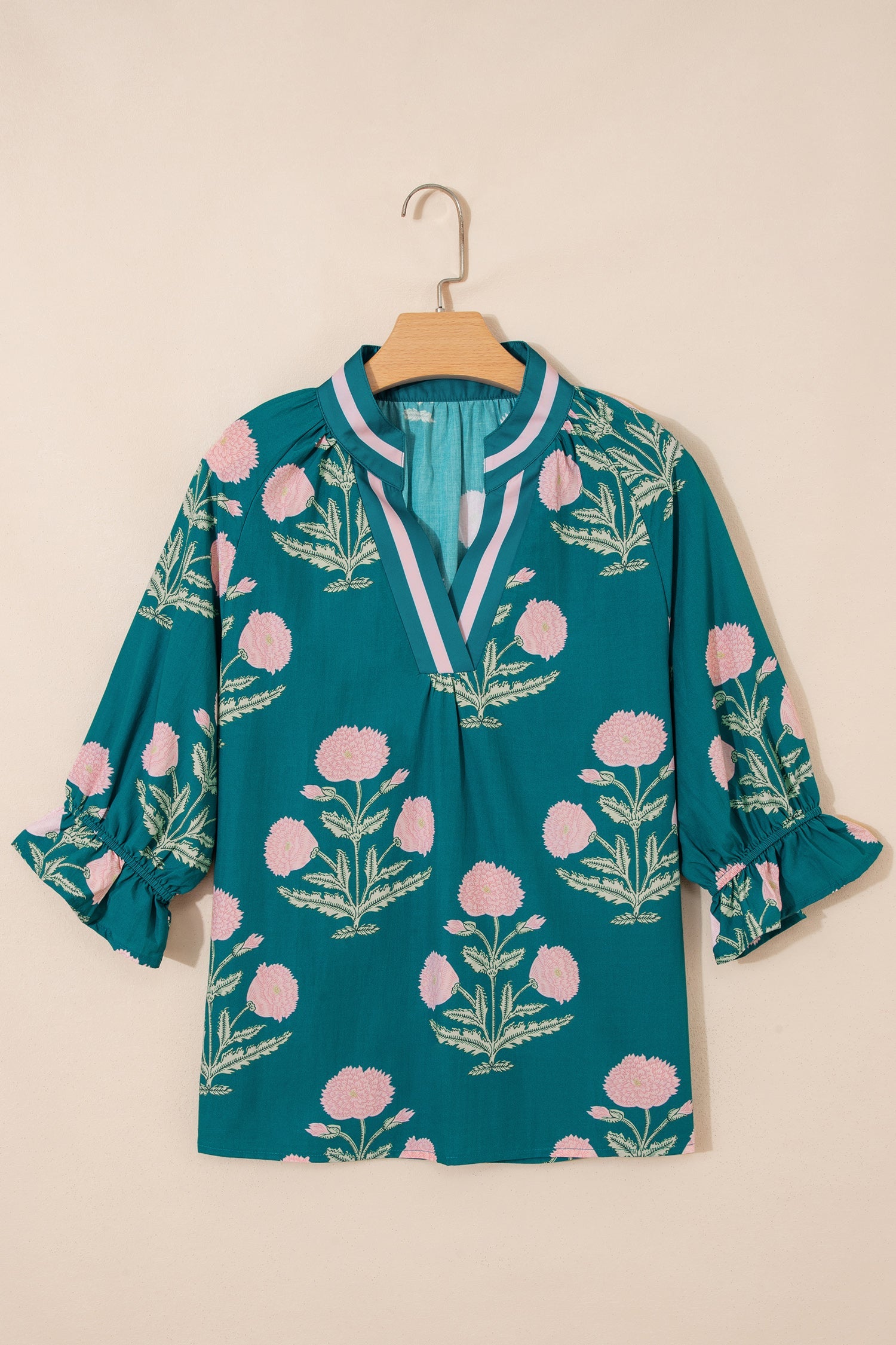 Green Casual Wild Flower Print V Neck 3/4 Sleeve Blouse
