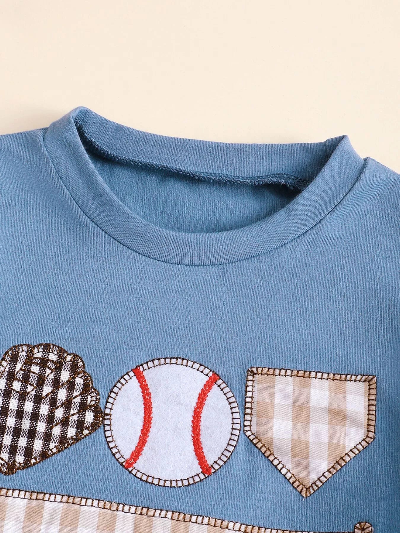 Children's Baseball Round Neck Top and Plaid Shorts Set