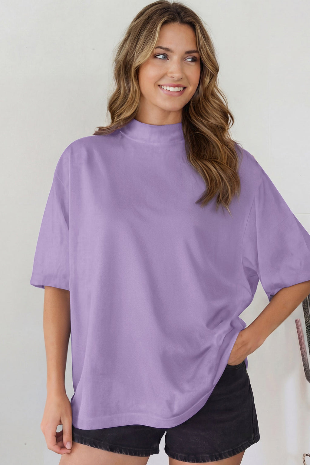 Sachet Pink Solid Color High Neck Oversize Tee