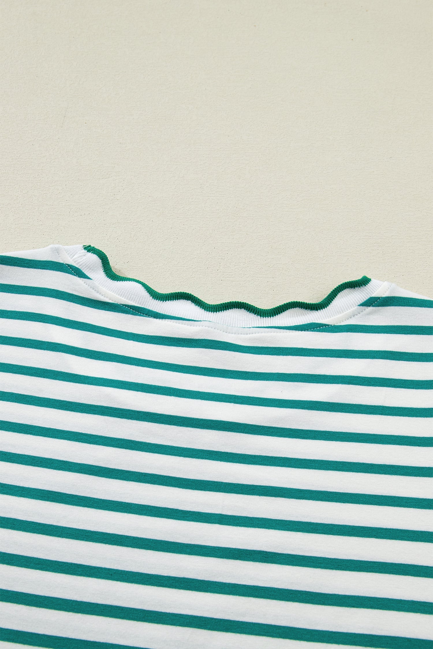 Green Stripe Scalloped Trim Round Neck T Shirt