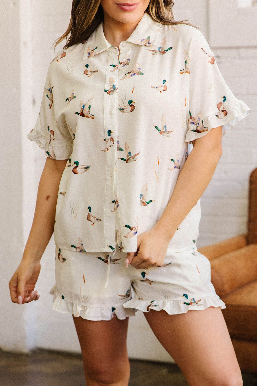 Beige Mallard Print Shirt Style Short Two Piece Set