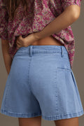 Dusk Blue Pleated Patchwork Wide Leg Lightweight Denim Shorts