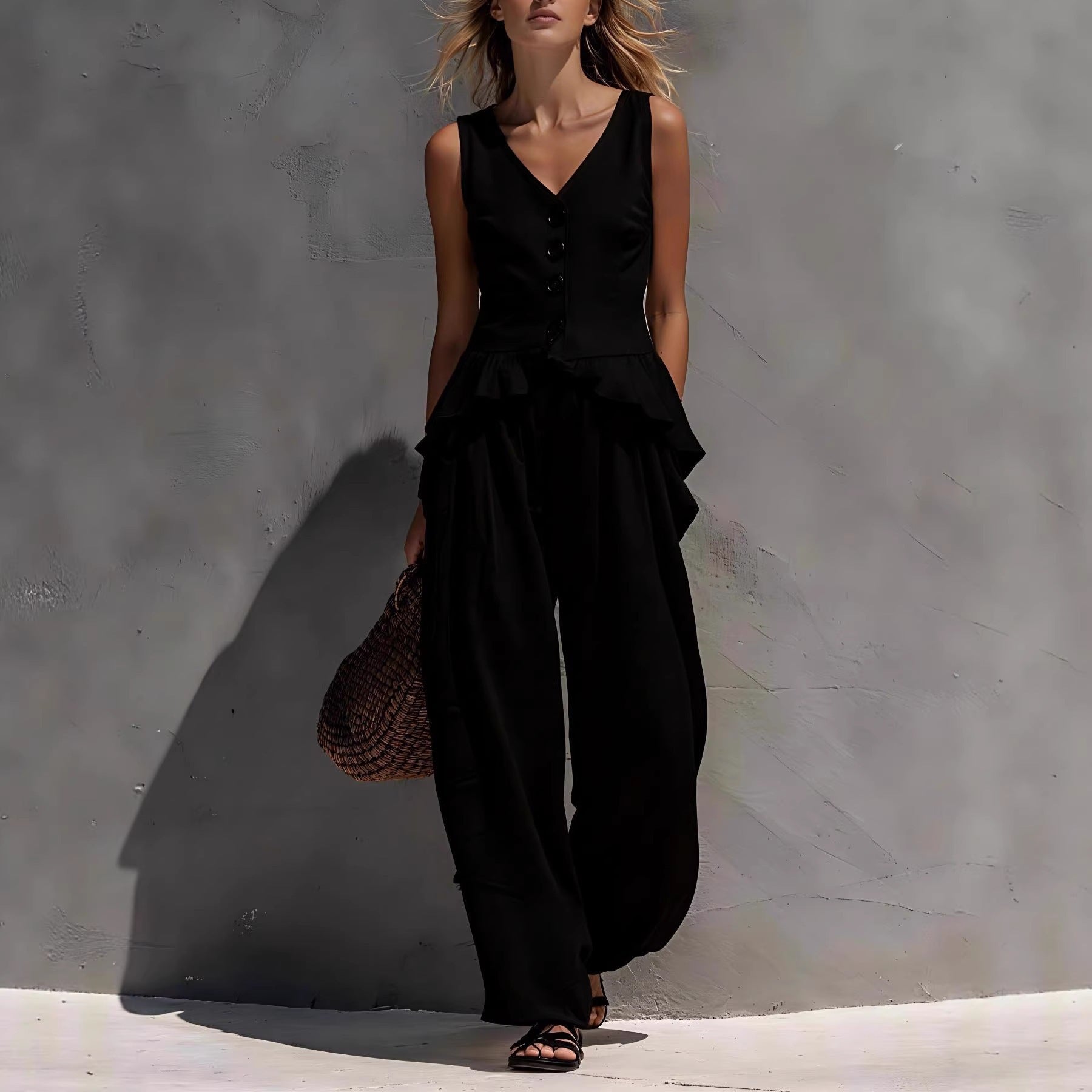 Ruffled Tank Top & Draping Wide-Leg Pants Set – 6 Colors, S–3XL