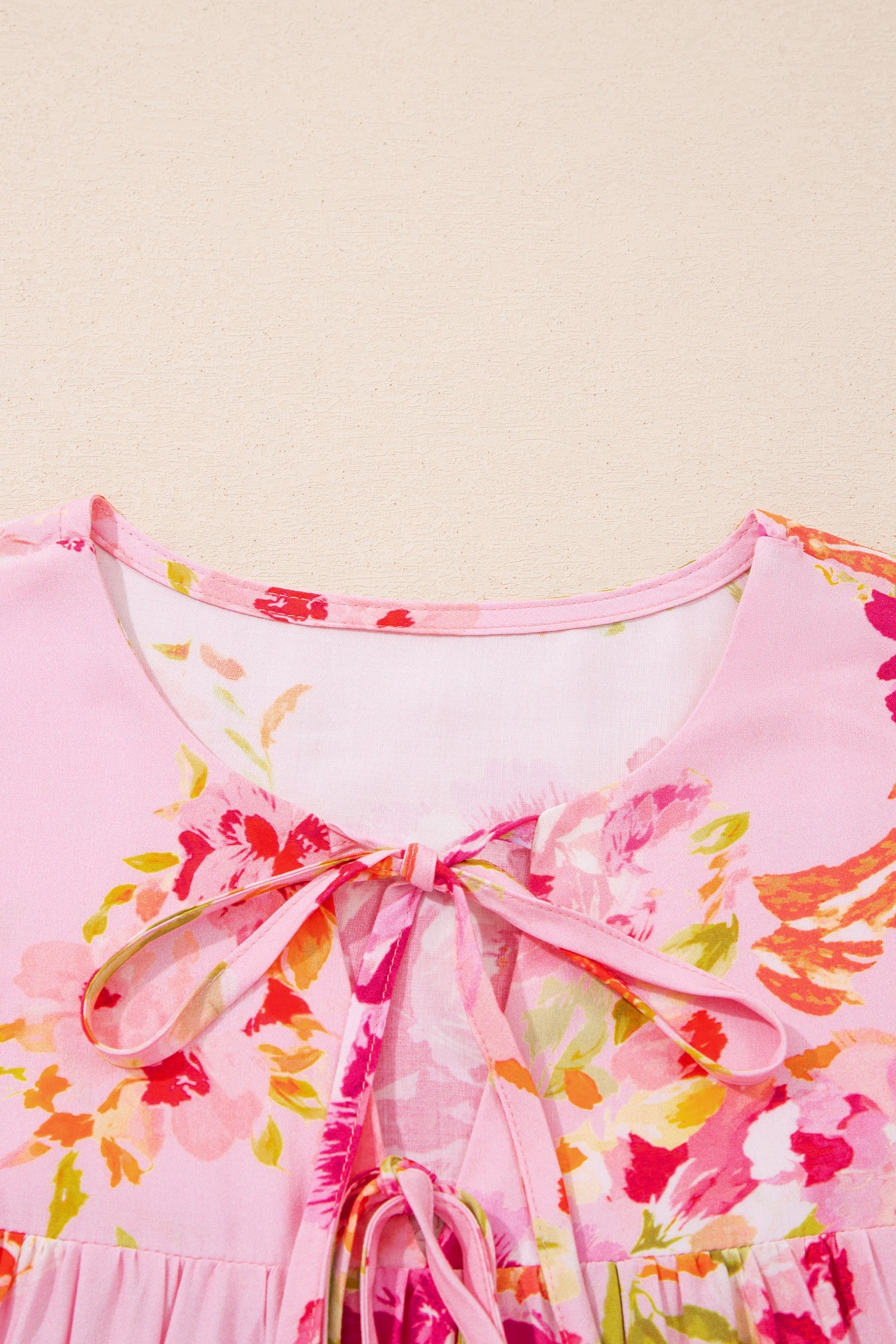 Pink Floral Print Tie Neck Puffy Half Sleeve Blouse