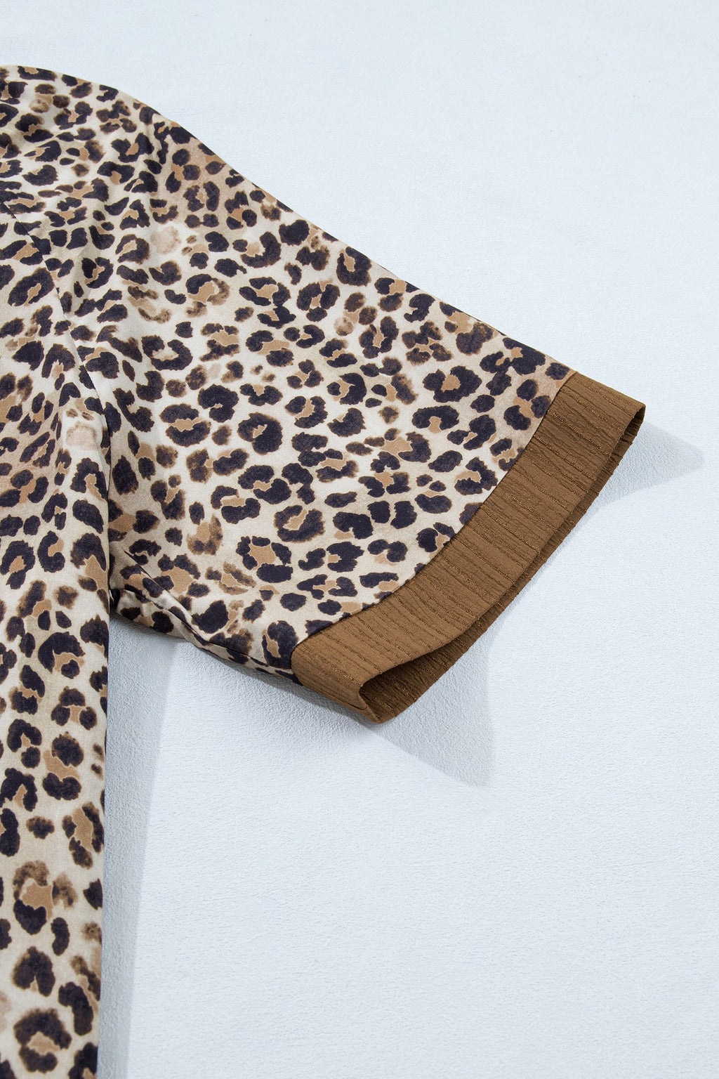 Brown Plus Size Leopard Print Crinkled Colorblock Patchwork V Neck Blouse