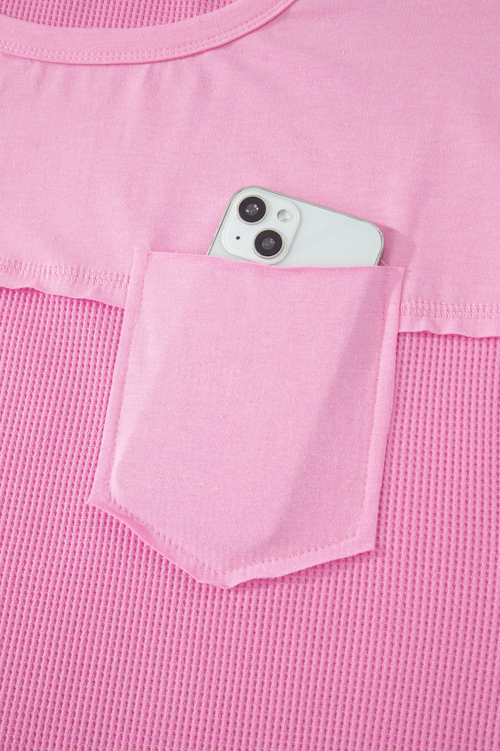 Pink Solid Color Raw Seam Waffled Patchwork Casual T Shirt