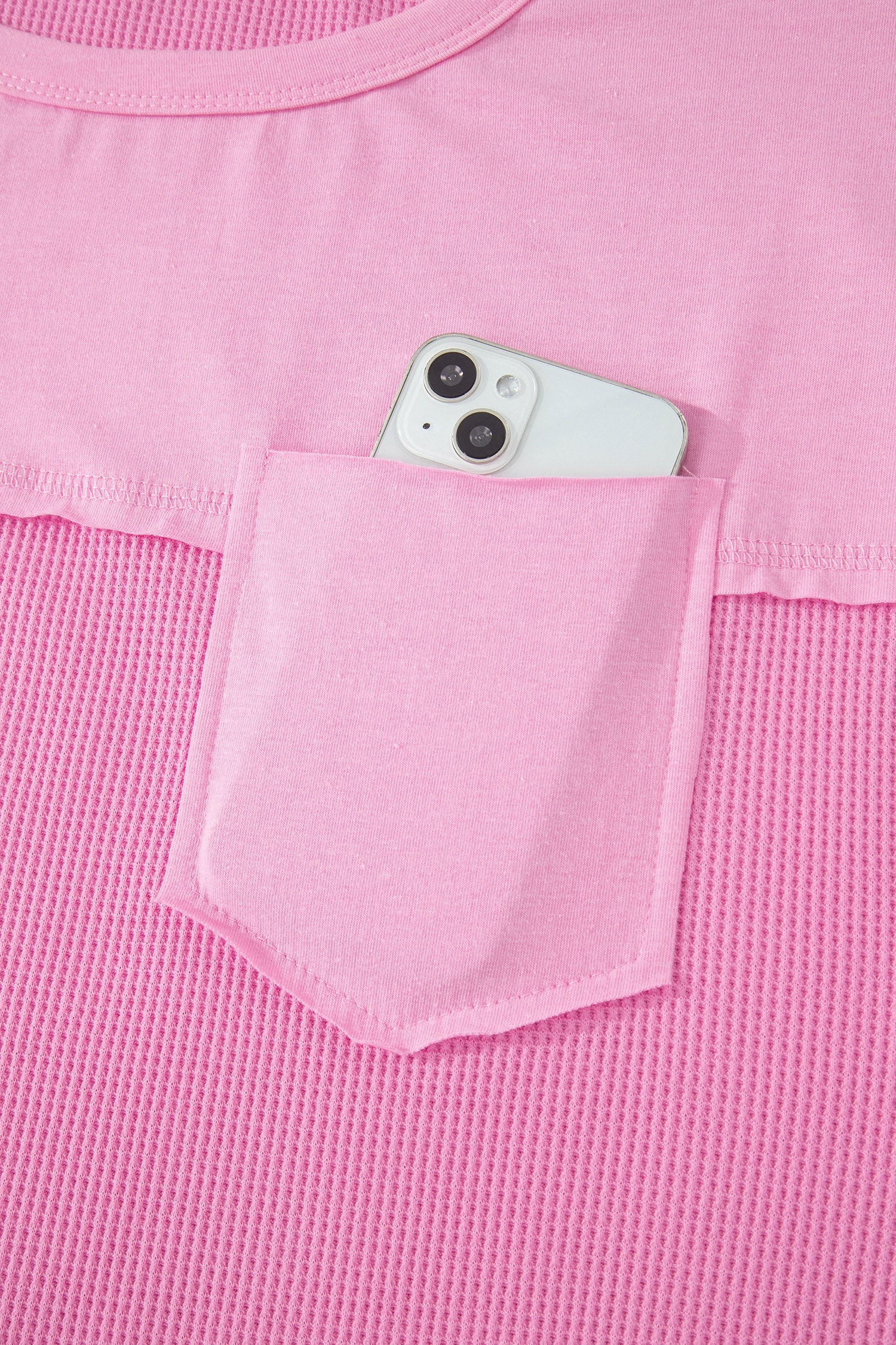 Pink Solid Color Raw Seam Waffled Patchwork Casual T Shirt