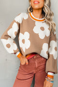 Smoke Gray Big Flower Pattern Contrast Striped Baggy Sweater