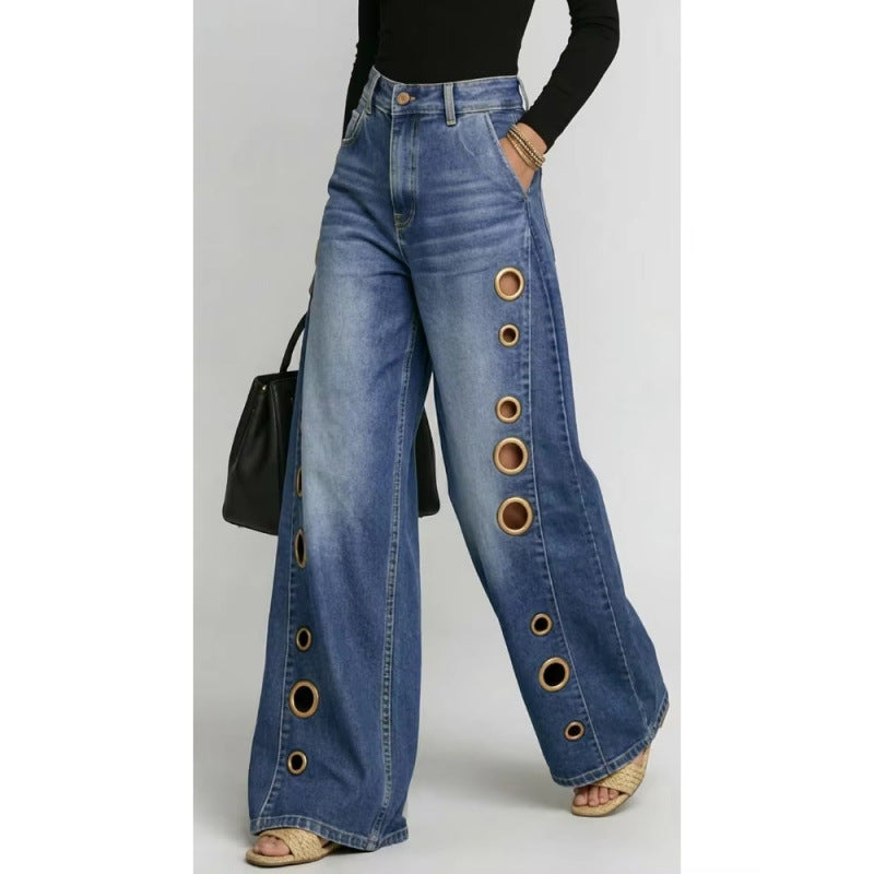 Women's Metal Eyelet High Waist Loose Wide-Leg Jeans – Light Blue, Black, Dark Blue