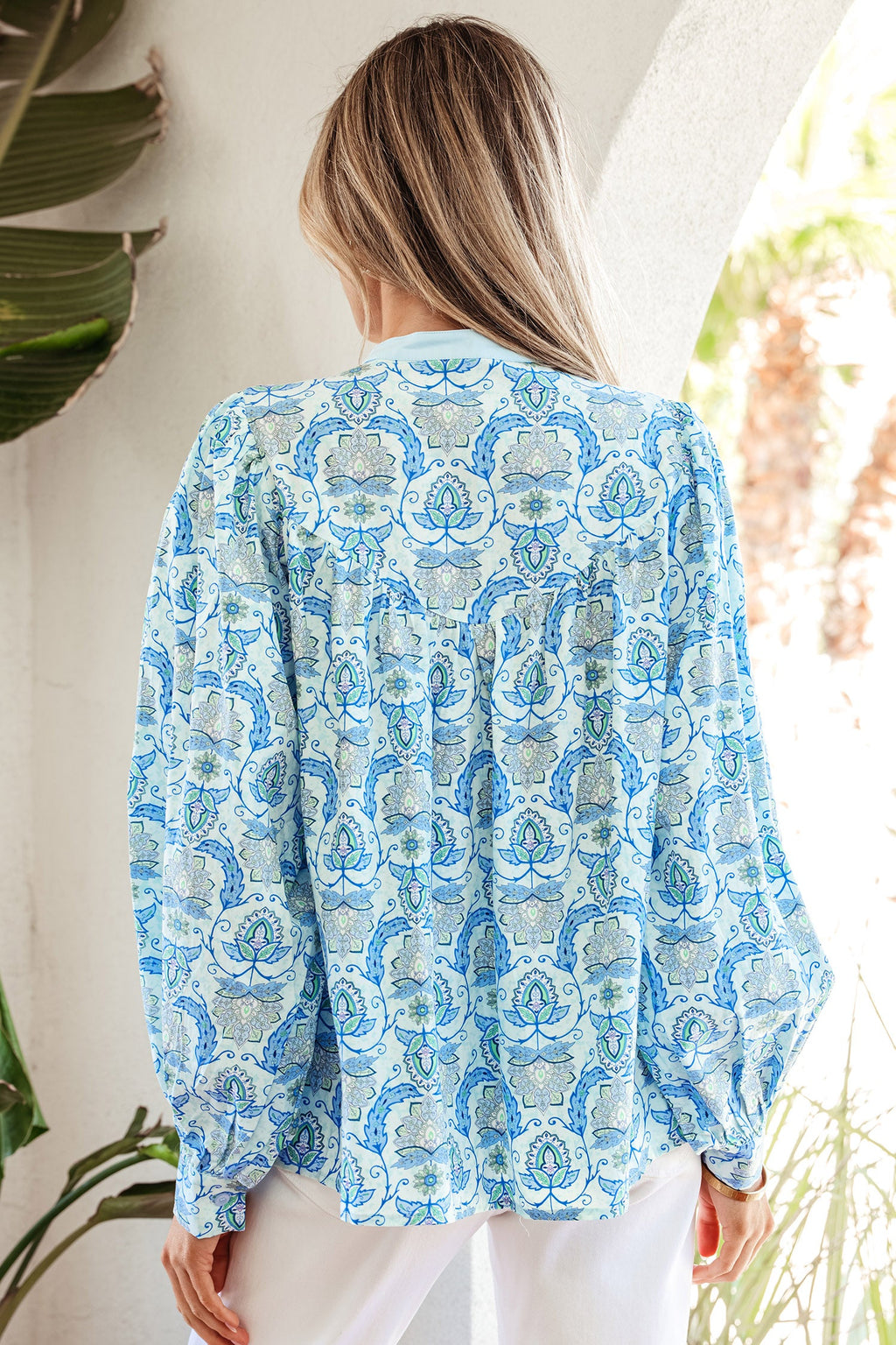 Sky Blue Paisley Print Puff Sleeve Loose Shirt