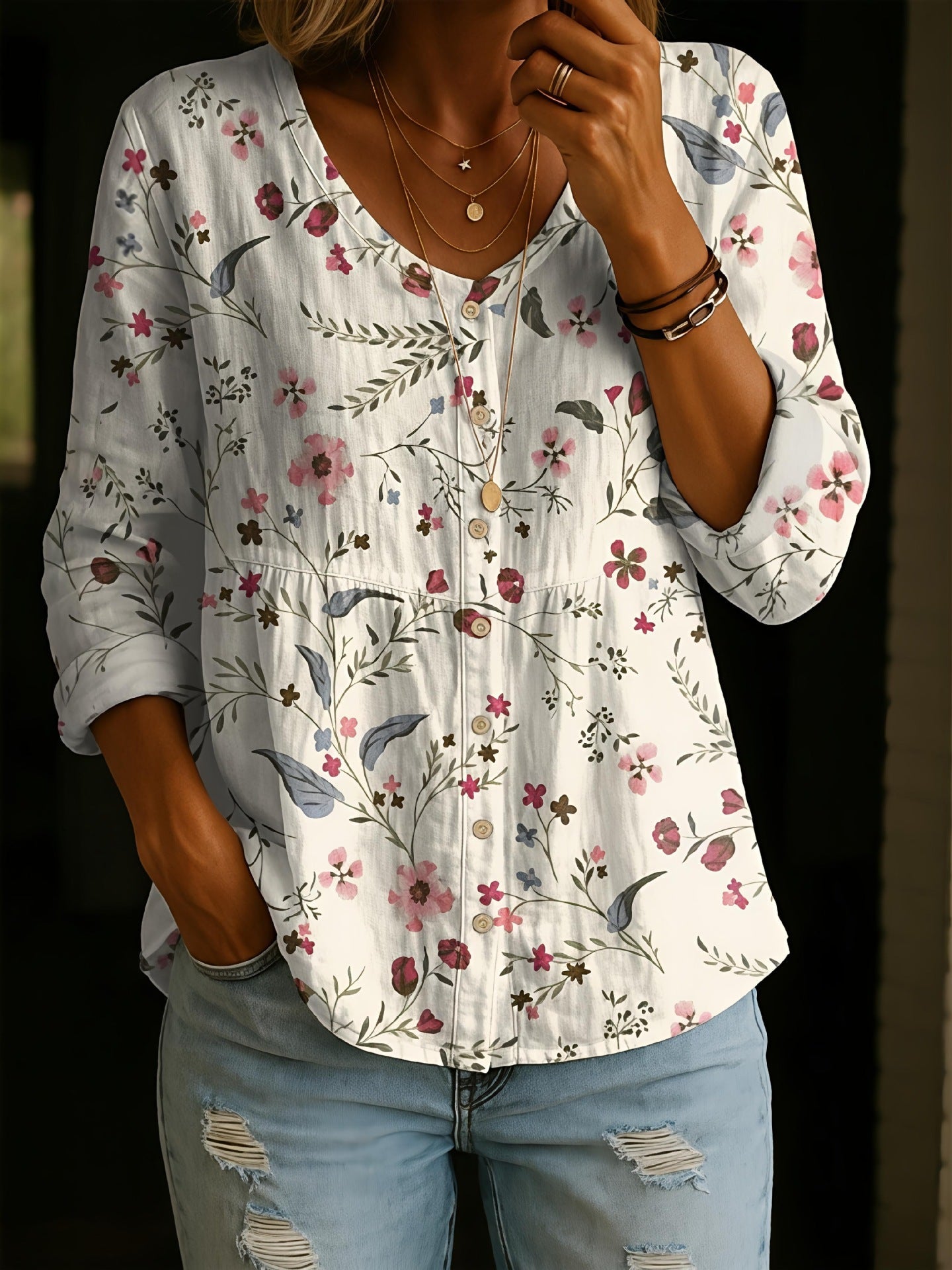Women's Plus-Size Printed Boho Loose Fit 3/4 Sleeve Top