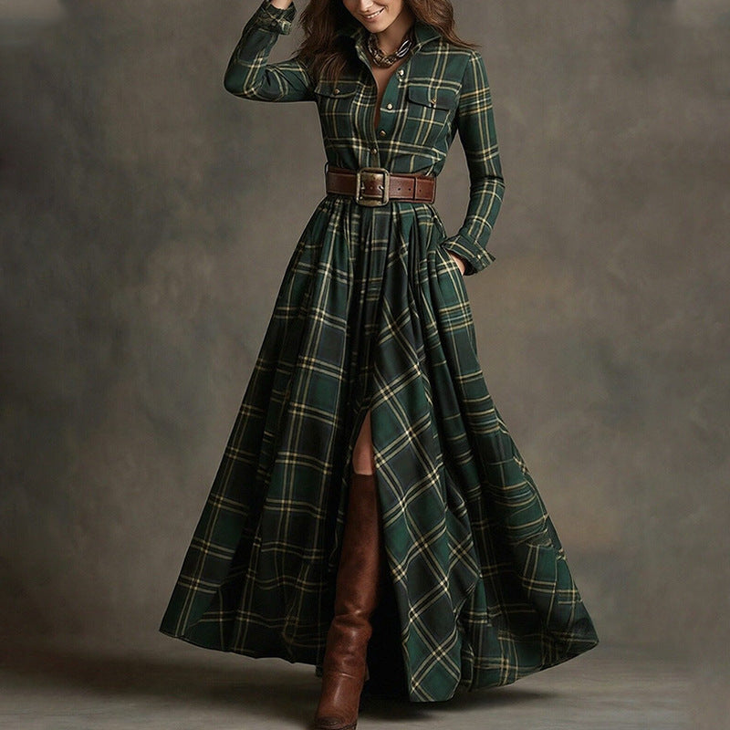 Women's Printed Lapel Slim-Fit Dress – Elegant Commuter Style