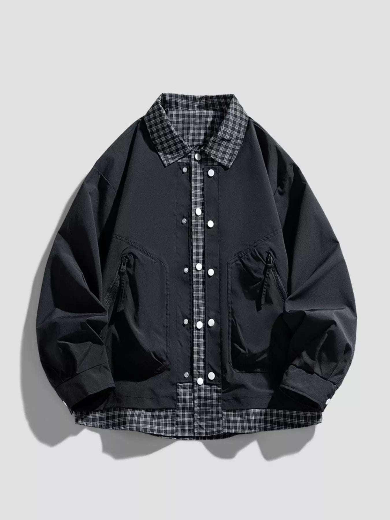 Men's Plus Size Plaid Trim Snap Down Casual Jacket