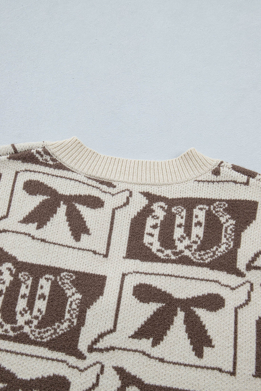 Brown Western Horseshoe Bow Printed V Neck Loose Sweater Vest